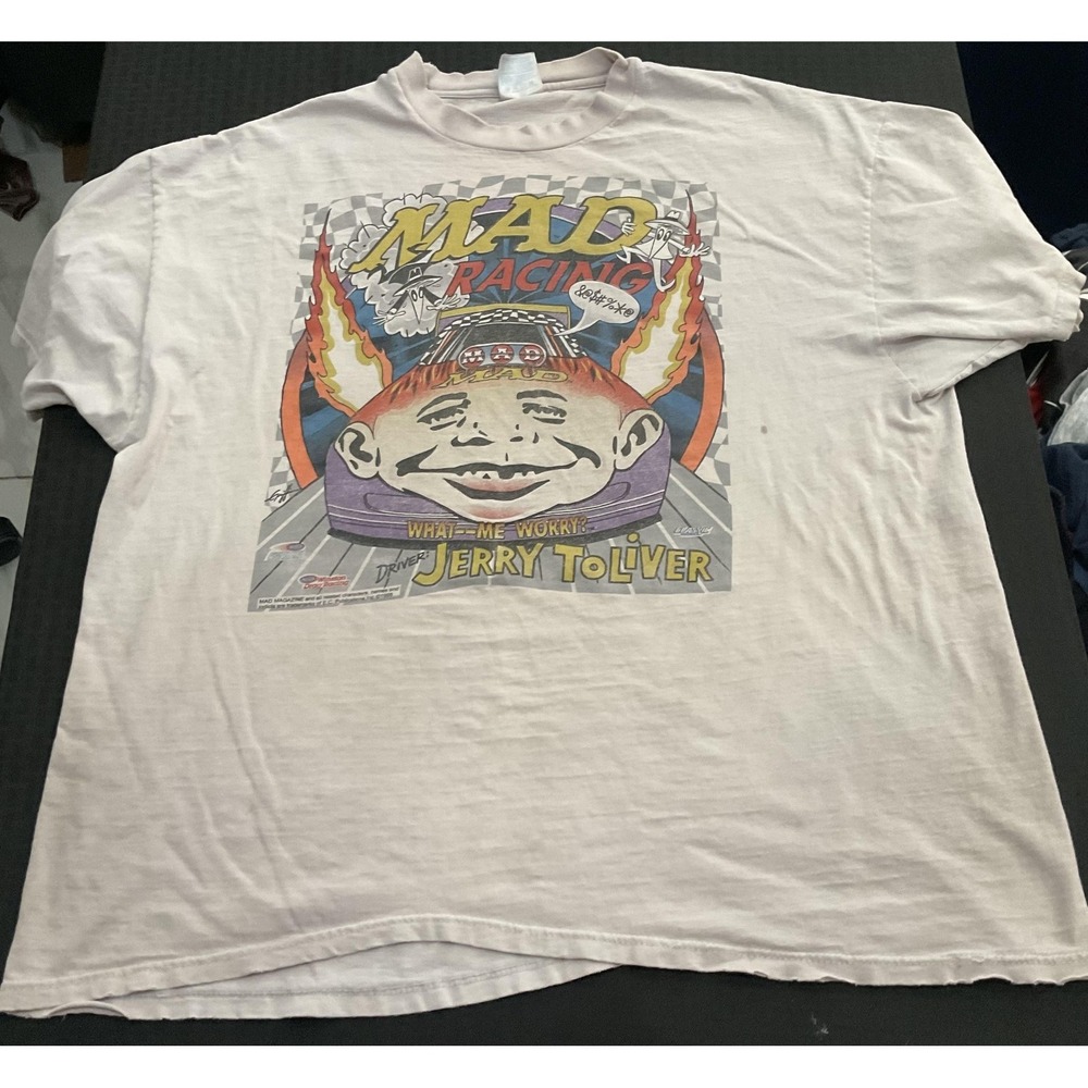 Vintage Mad Magazine Racing Shirt Mens XXL White Alfred E Neuman Hanes Tee 90s